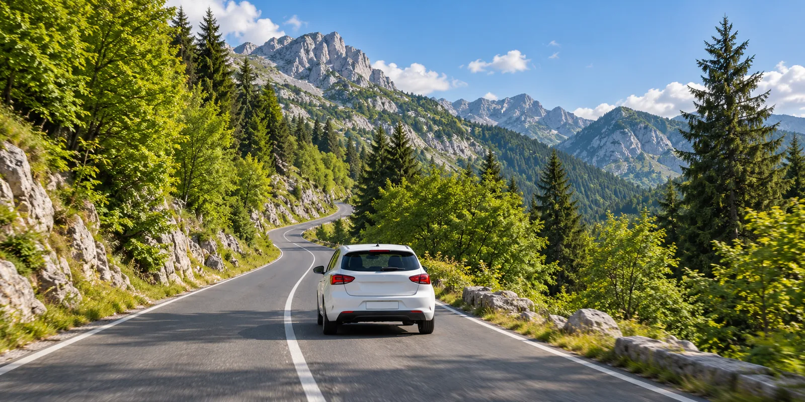 A white hatchback on a winding two-lane mountain road through green beech and spruce forest, with rocky limestone peaks behind